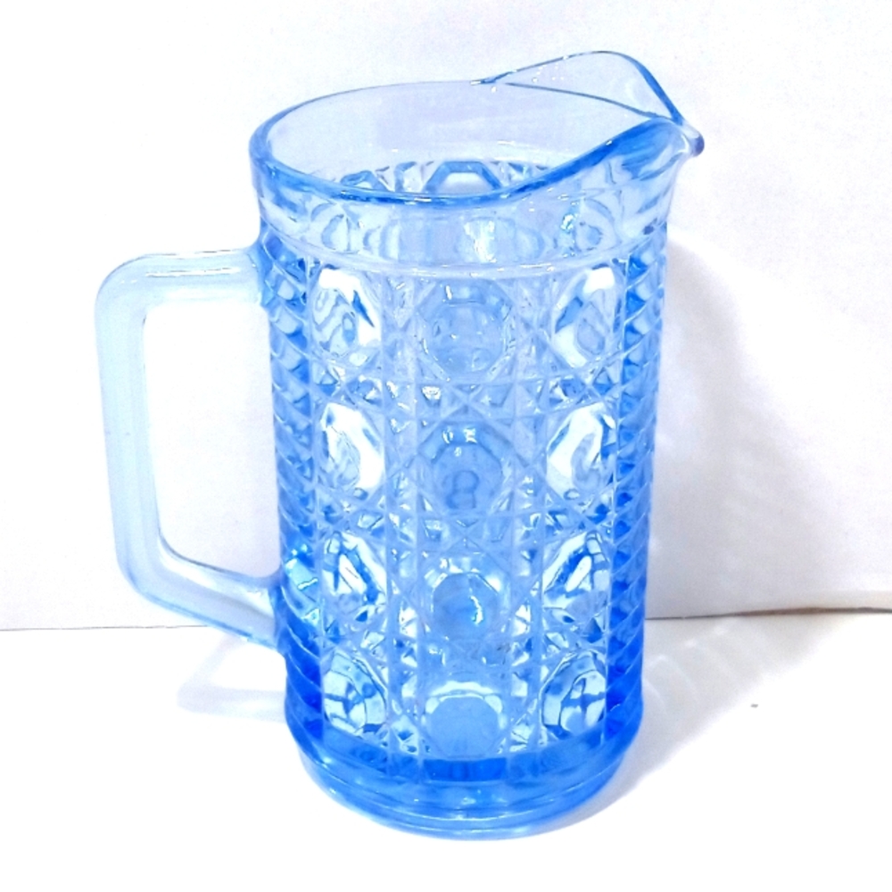 Federal Glass Blue Milk Pitcher Windsor Clear Button and Cane Vintage